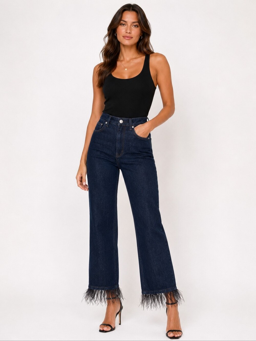 WeWoreWhat Feather Hem Straight Leg Jeans in True Blue Size 27 NEW
